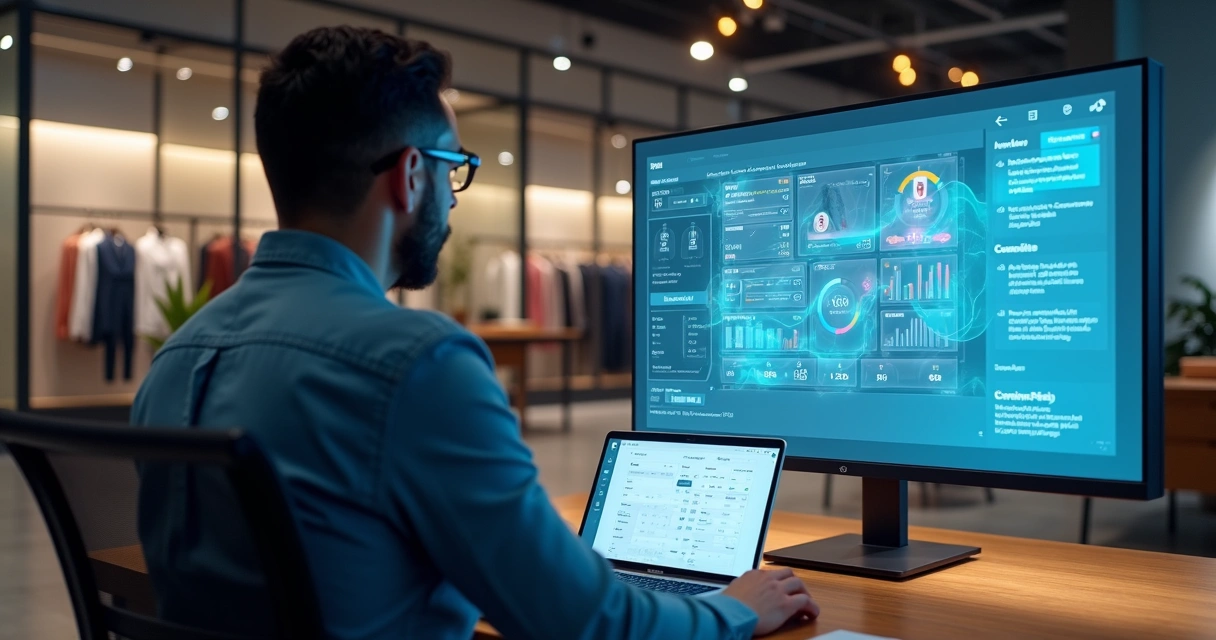 Gestor visualizando em um notebook a integração entre loja física, e-commerce e marketplaces 