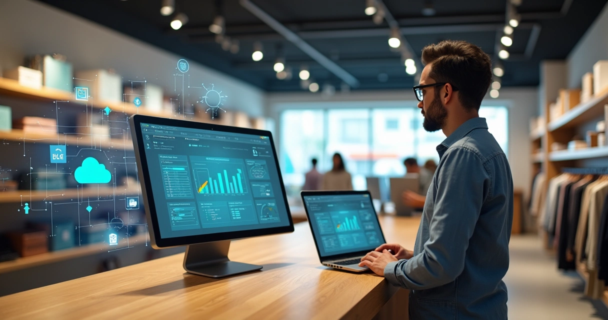 Gestor analisando painel de ERP com PDV integrado em loja física moderna 