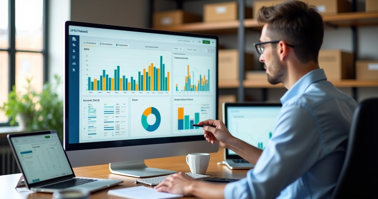 Empresário analisando painel de ERP com gráficos financeiros em um escritório moderno 