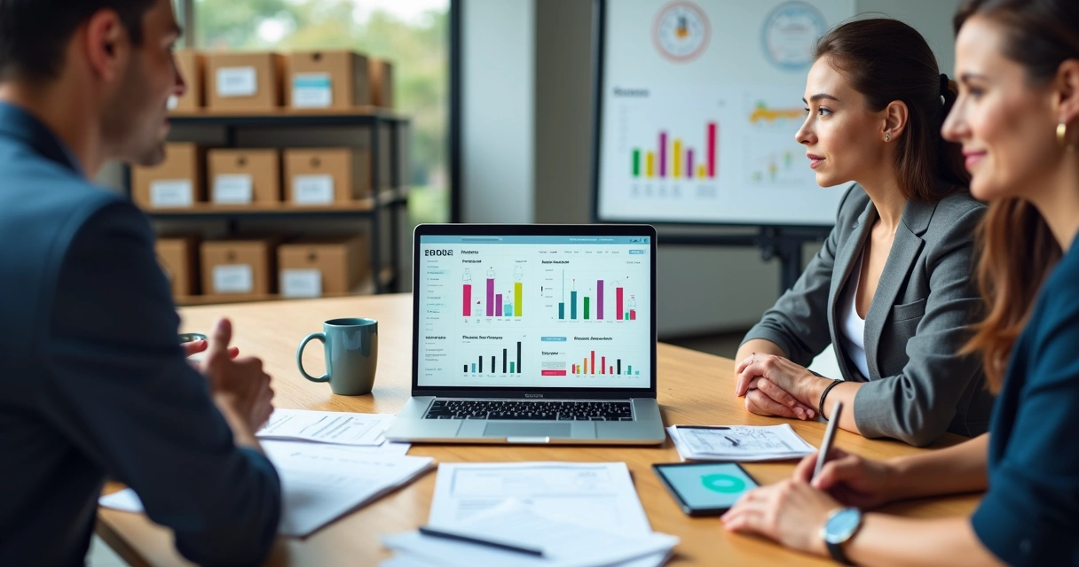 Pequenos empresários analisando painel de ERP em notebook na mesa de escritório 