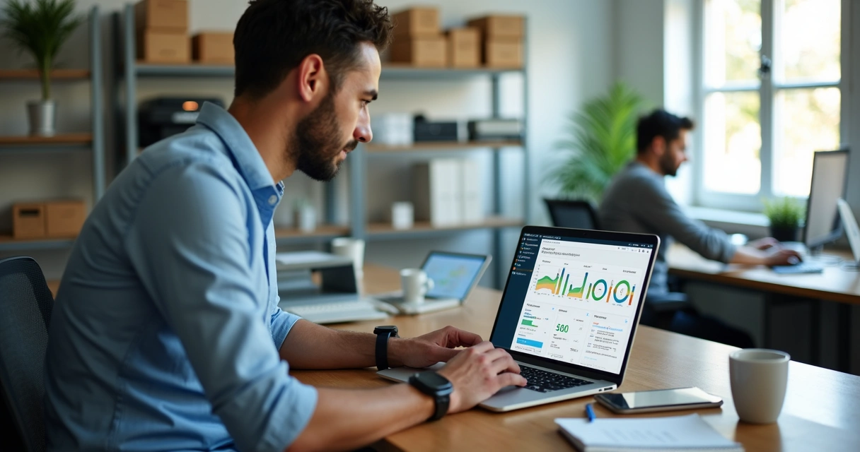 Empresário analisando painel de ERP em notebook em pequeno escritório 