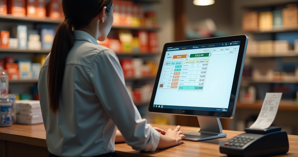 Pessoa usando sistema ERP com tela de caixa e estoque 