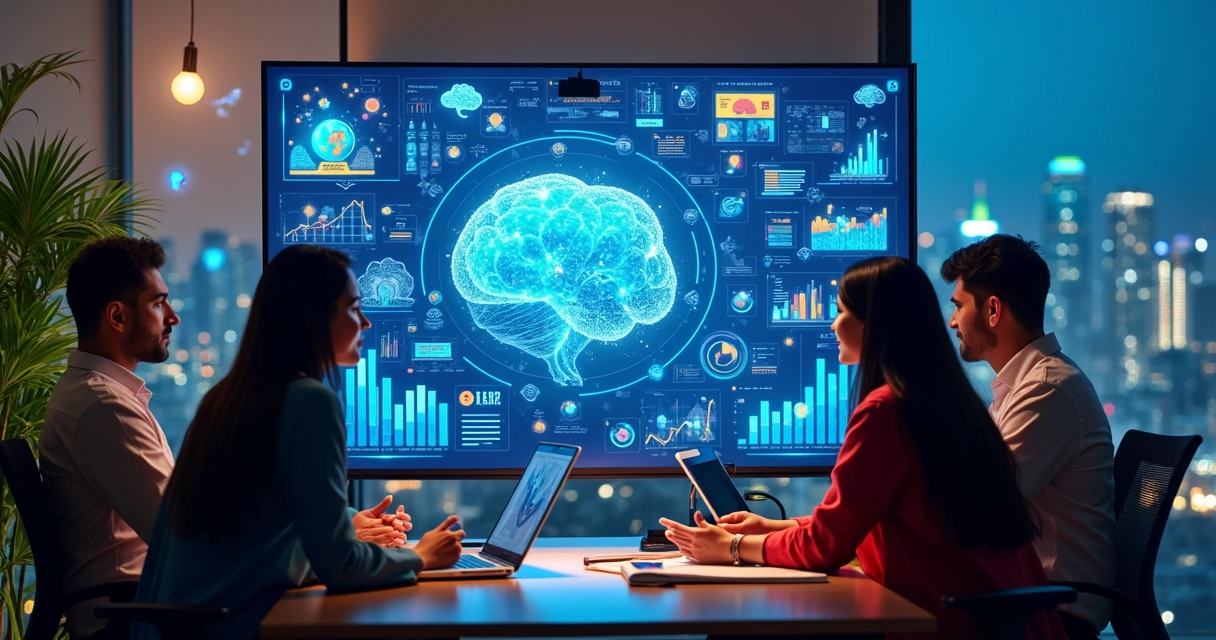 Tela de sistema ERP colorida com elementos de IA integrados 