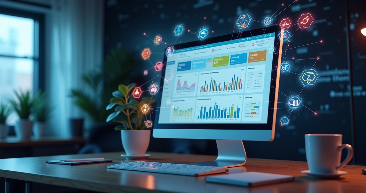 Tela de computador exibindo sistema ERP personalizado com interface moderna e elementos de IA generativa ao redor 