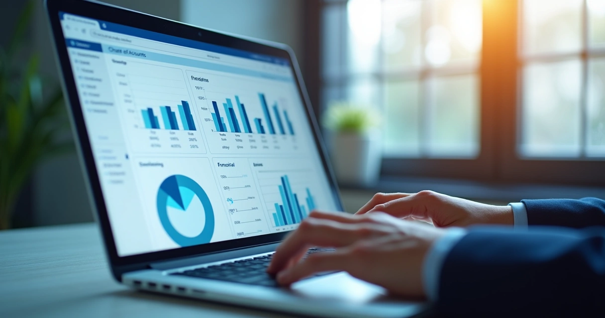 Tela de ERP mostrando plano de contas em nuvem em notebook 