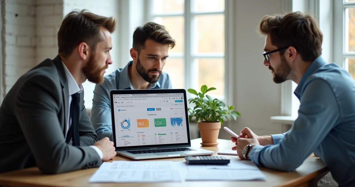 Pequena empresa reunida com contador usando ERP contábil em notebook 