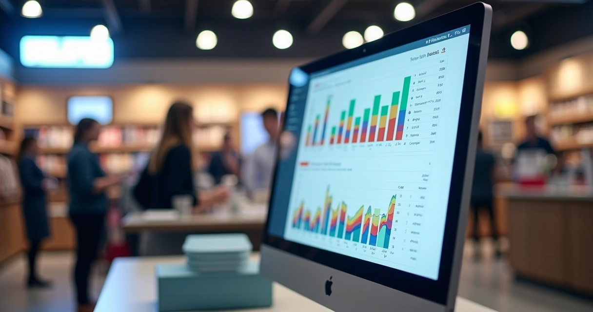 Tela de computador com dashboard de ERP em destaque, gráficos de vendas em alta, e ambiente de loja física ao fundo 