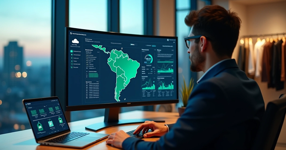 Gestor analisando painel de ERP com várias lojas e canais de venda integrados 