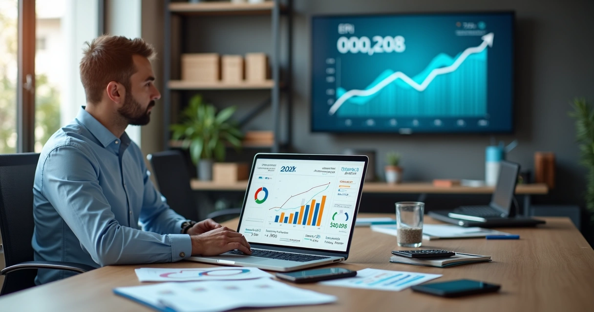 Gestor analisando gráficos de retorno sobre investimento em ERP no notebook 