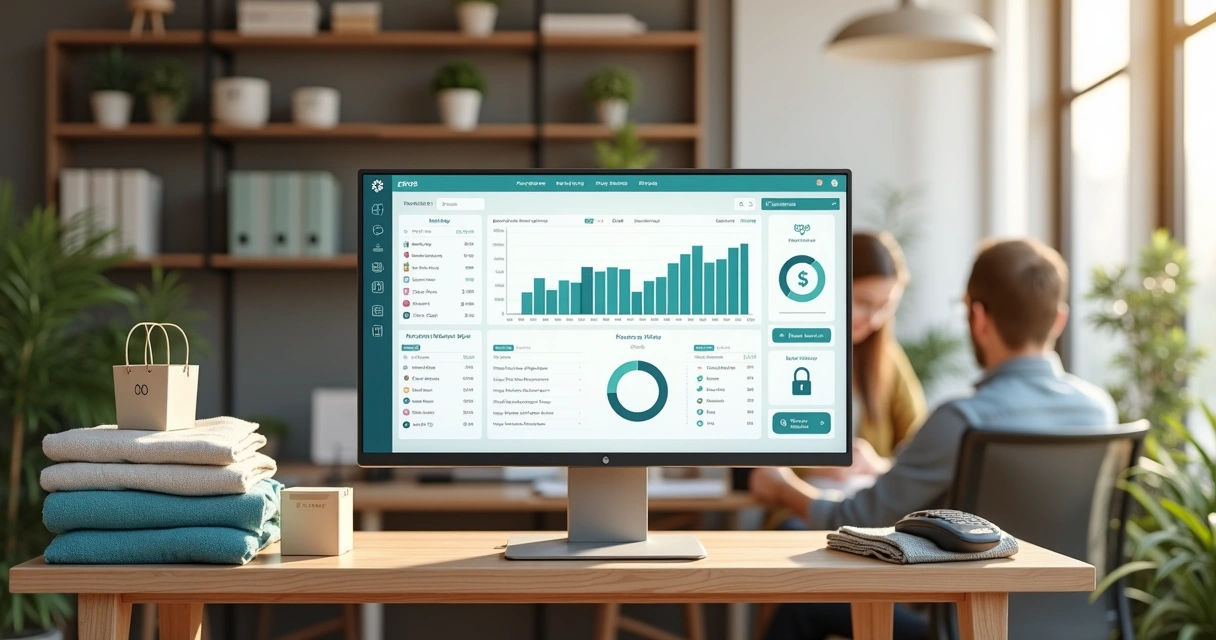 Dona de pequena empresa controla finanças em painel ERP simples no escritório 