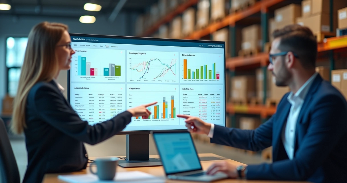 Painel de ERP para distribuidora com gráficos de estoque vendas e financeiro em tela grande 
