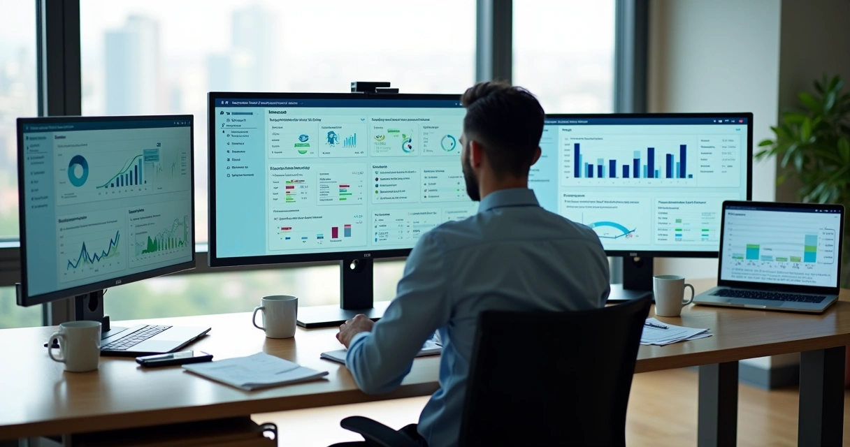 Gestor analisando painel de ERP personalizado em tela grande no escritório 