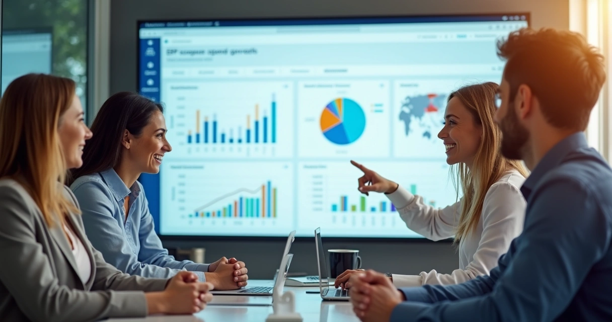 Equipe sorridente utilizando sistema ERP com gráficos de crescimento 