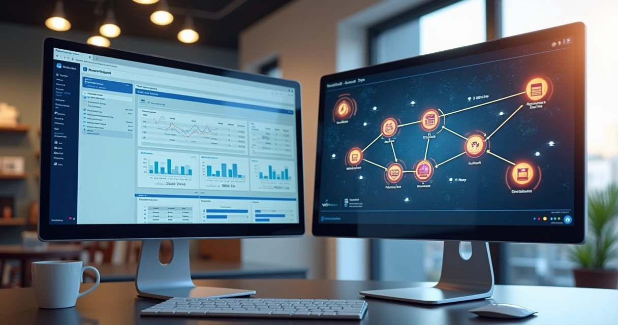 Side by side comparison of traditional ERP and omnichannel ERP on two computer screens with digital business icons and charts 