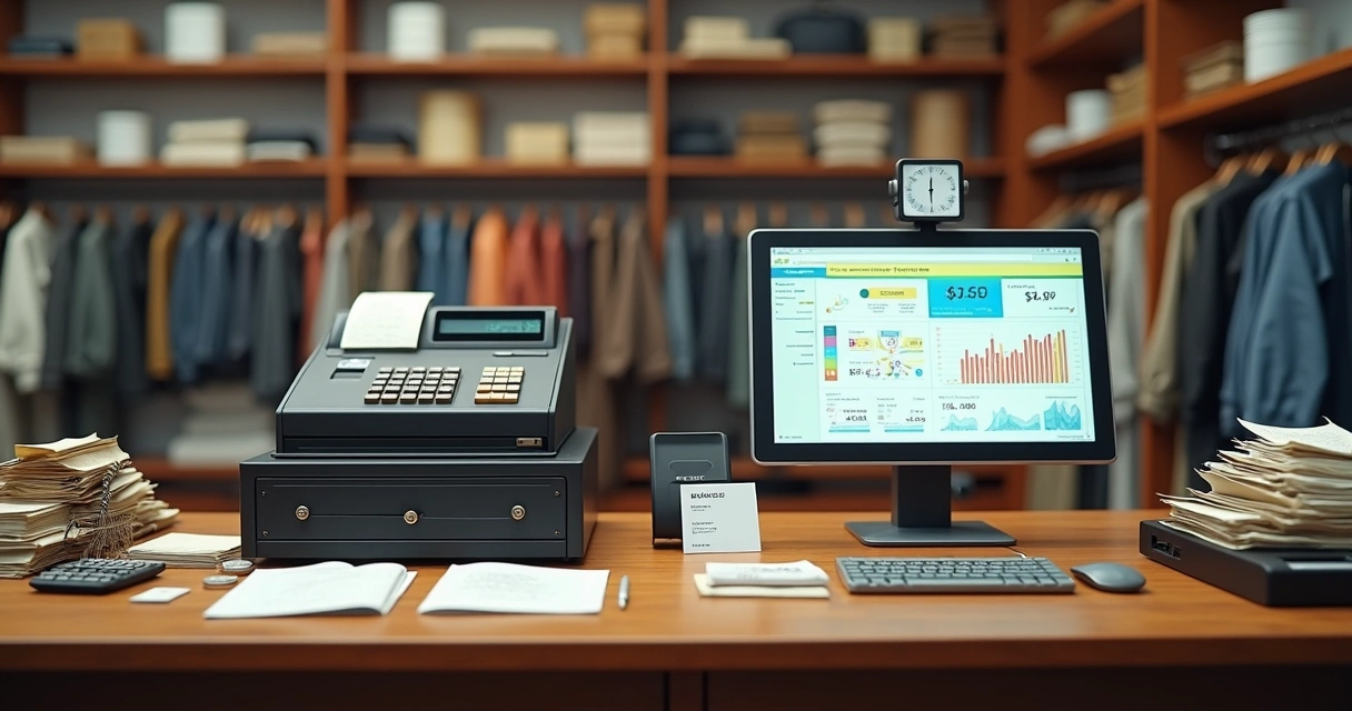 Balcão de loja com caixa registradora antiga bagunçada ao lado de tela moderna de ERP de varejo 