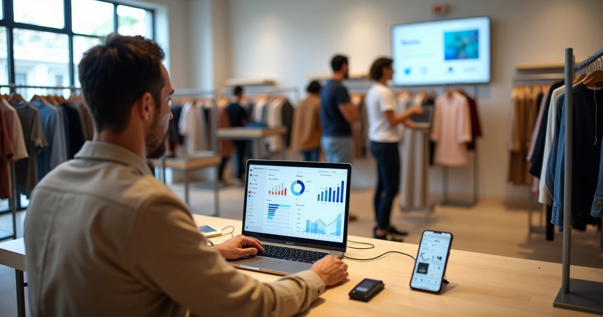 Gestor de loja de moda analisando painel de ERP omnicanal em notebook em meio ao estoque 