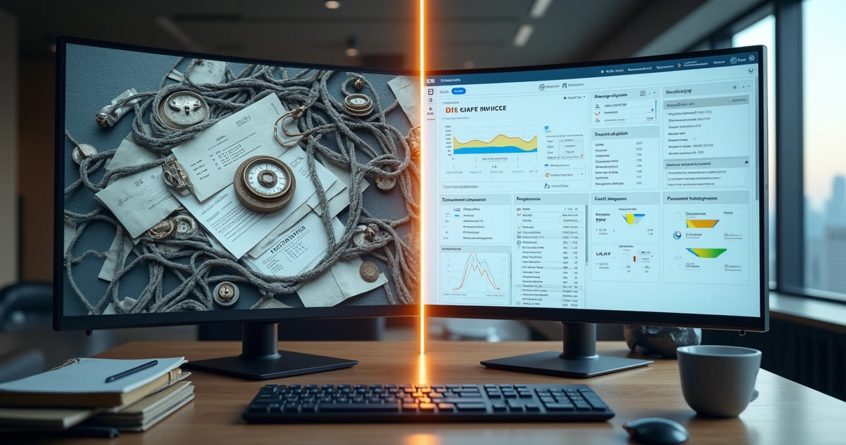 Comparação visual entre ERP tradicional e API fiscal moderna em um painel de SaaS 