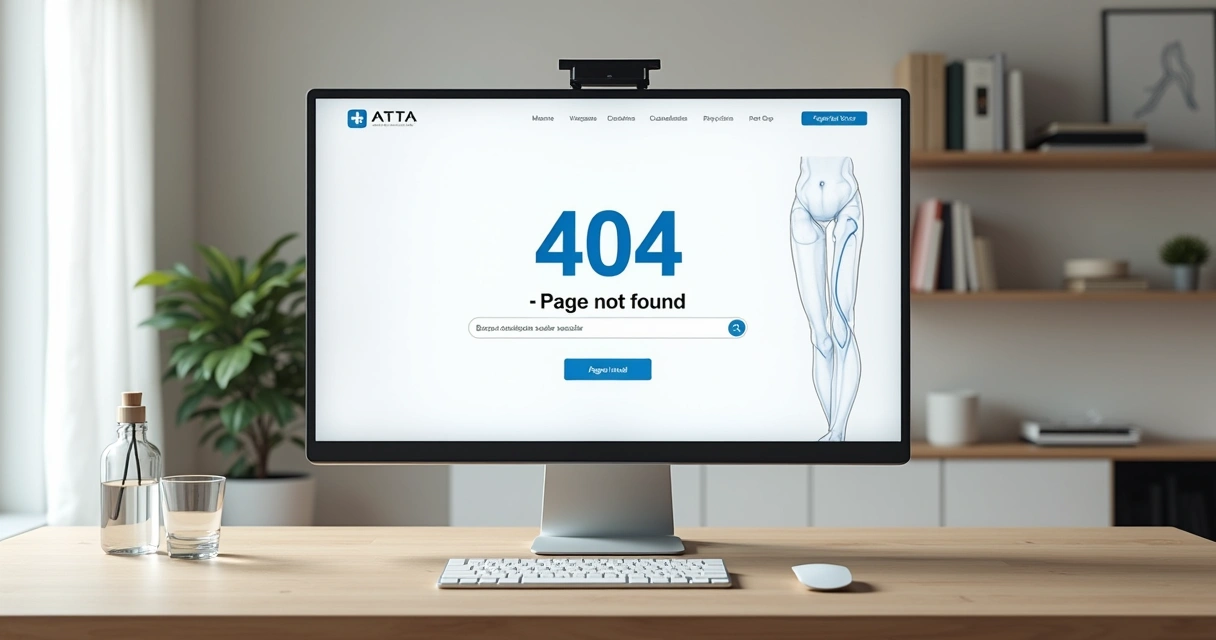 Tela de computador com erro 404 em site de clínica vascular e busca por conteúdos de saúde 
