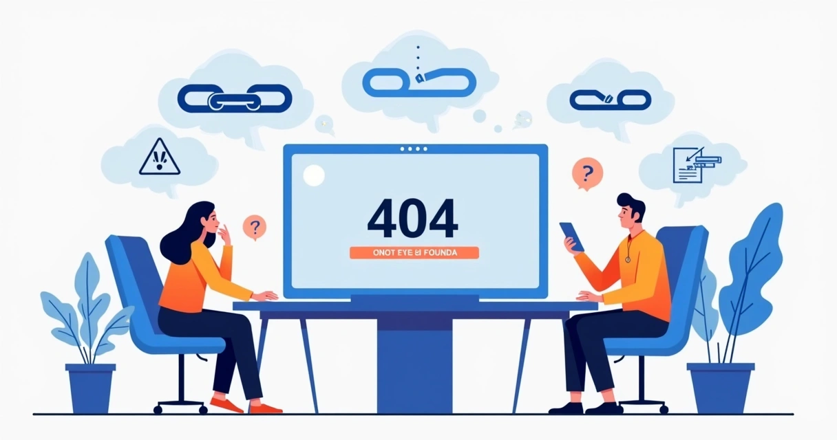 Ilustração colorida de um erro 404 digital com pessoas procurando uma página em um dispositivo 