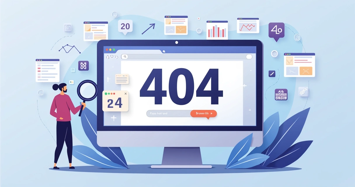 Ilustração de tela com erro 404 e gráficos de SEO em queda 