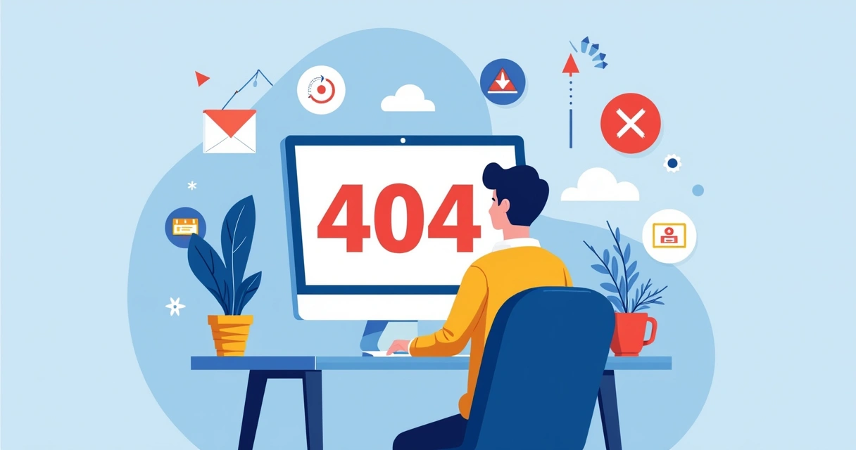 Mensagem de erro 404 em tela de computador, com pessoa digitando e ícones de navegação ao redor 