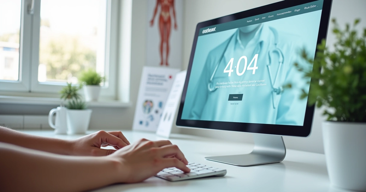 Tela de computador exibindo erro 404 página não encontrada em site de saúde 
