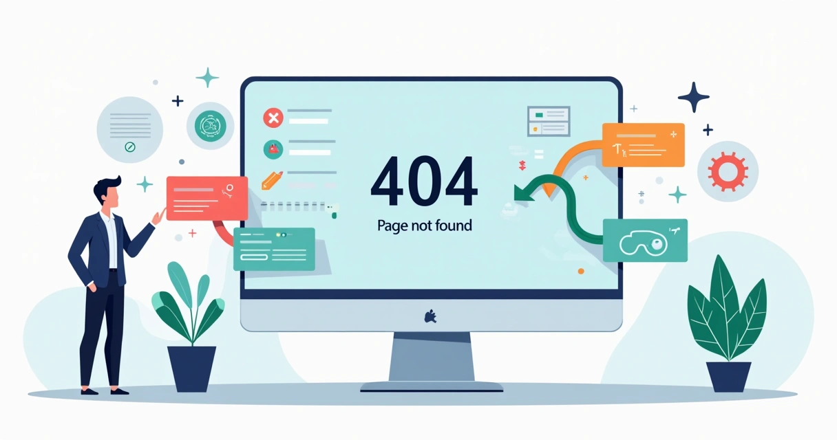 Ilustração de aviso de erro 404 em grande painel digital com setas guiando para solução 