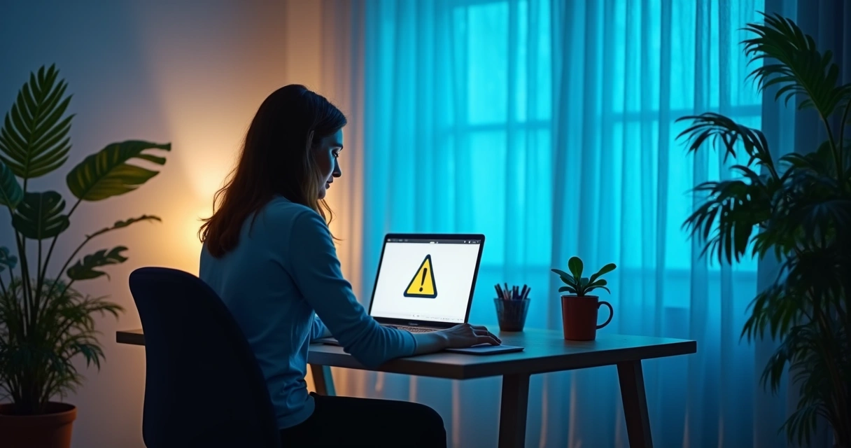 Pessoa sentada ao computador, olhando para uma tela com aviso de erro 404 