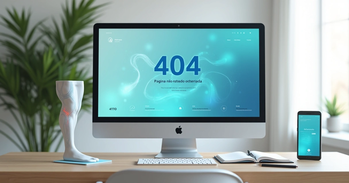 Tela de computador com aviso 404 e portal de saúde vascular ao fundo 