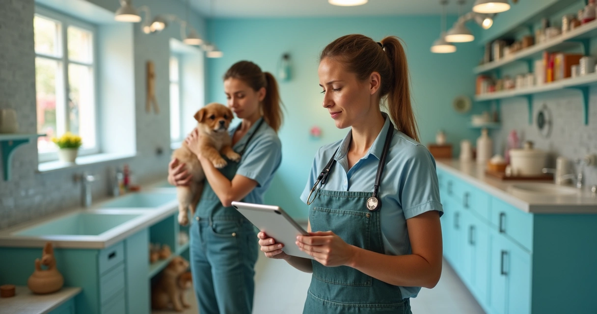 Duas pessoas em petshop, uma com tablet exibindo agenda lotada e a outra cliente confusa 
