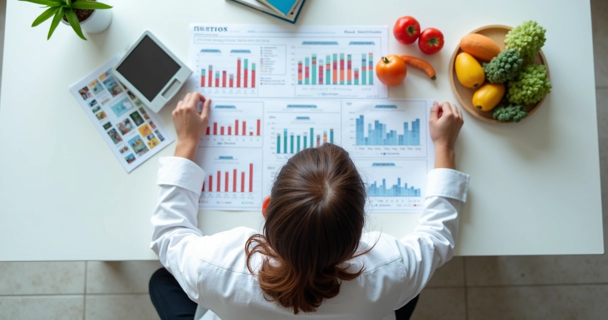 Nutricionista analisando resultados de avaliação antropométrica em diferentes gráficos coloridos em mesa branca, expressão de dúvida 