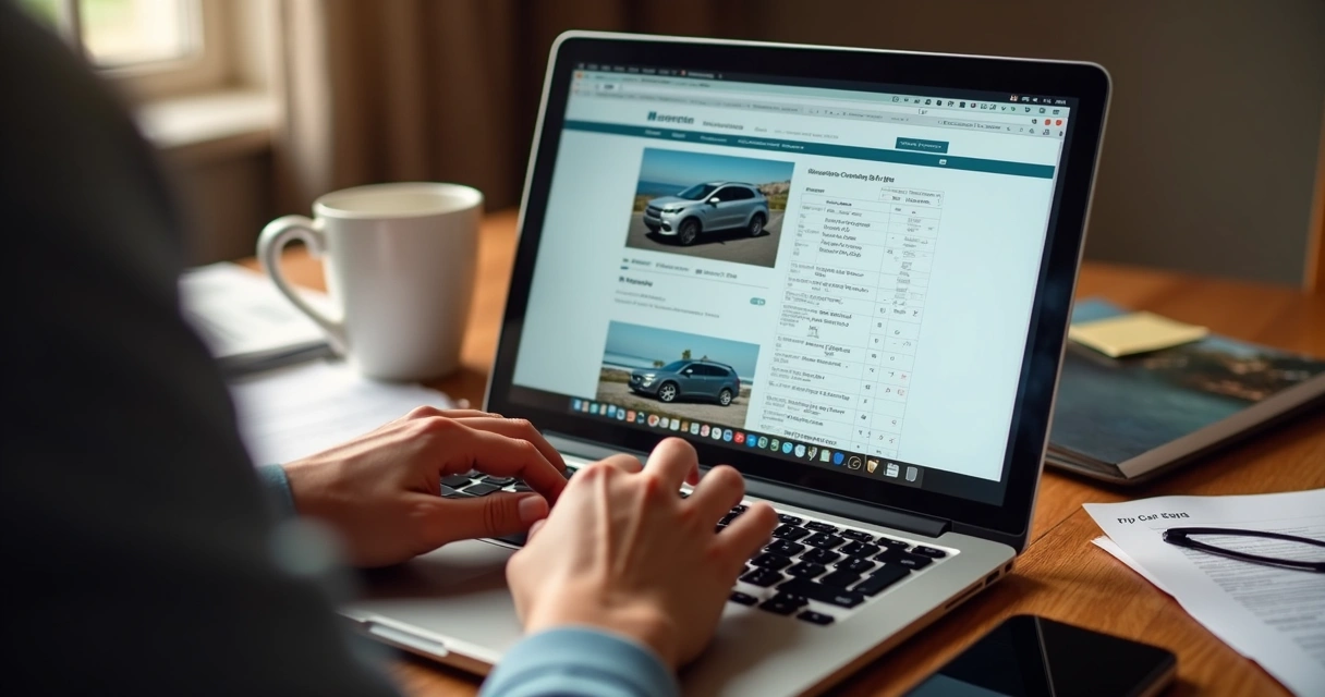 Pessoa digita anúncio de carro no notebook olhando a tabela FIPE 