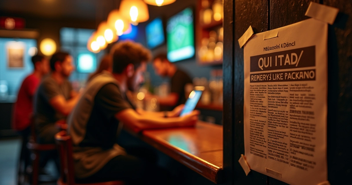 Anúncio em bar desfocado enquanto cliente olha para o celular 