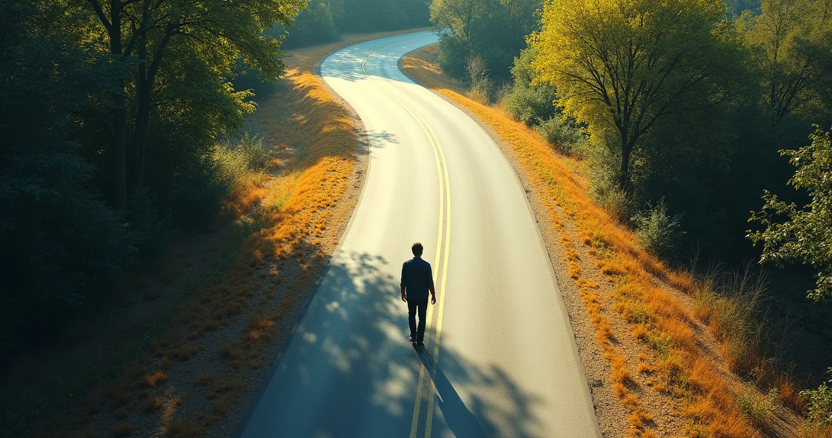 Pessoa caminhando em estrada sinuosa visto de cima