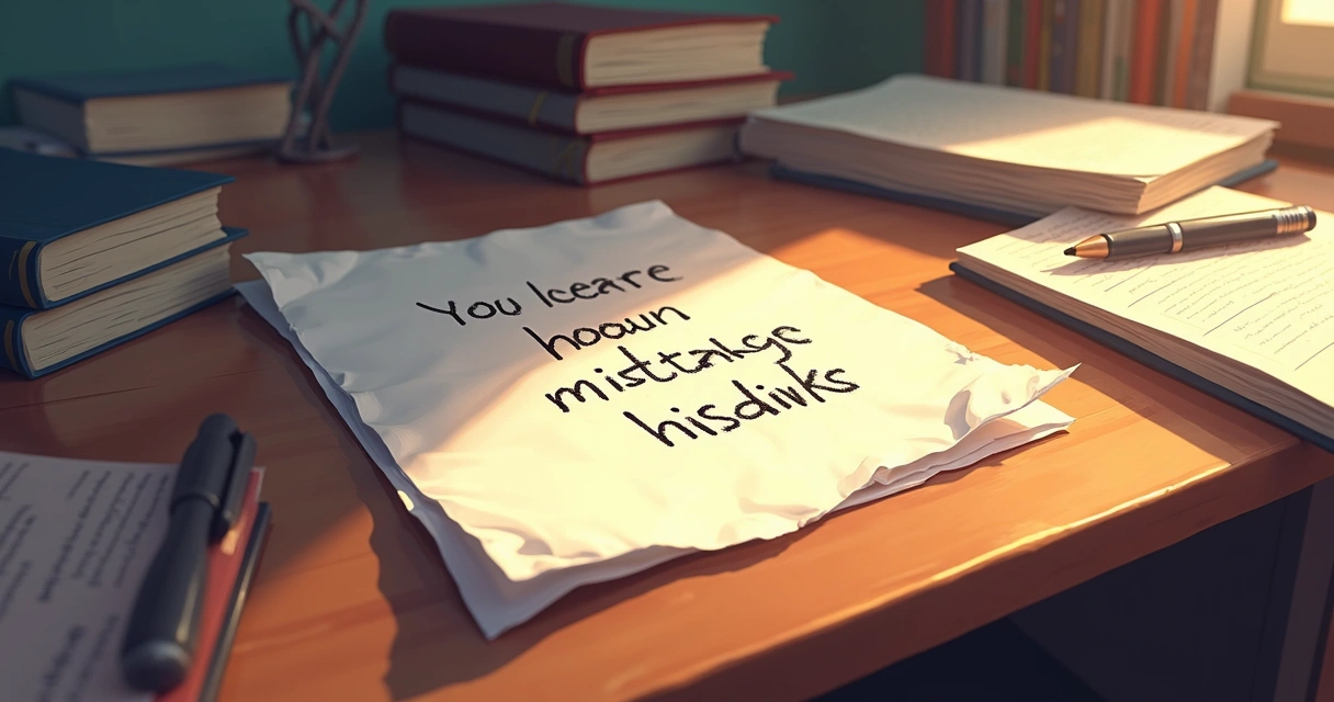 Ilustração mostrando livros e papéis, um deles amassado, simbolizando aprendizados a partir de erros 