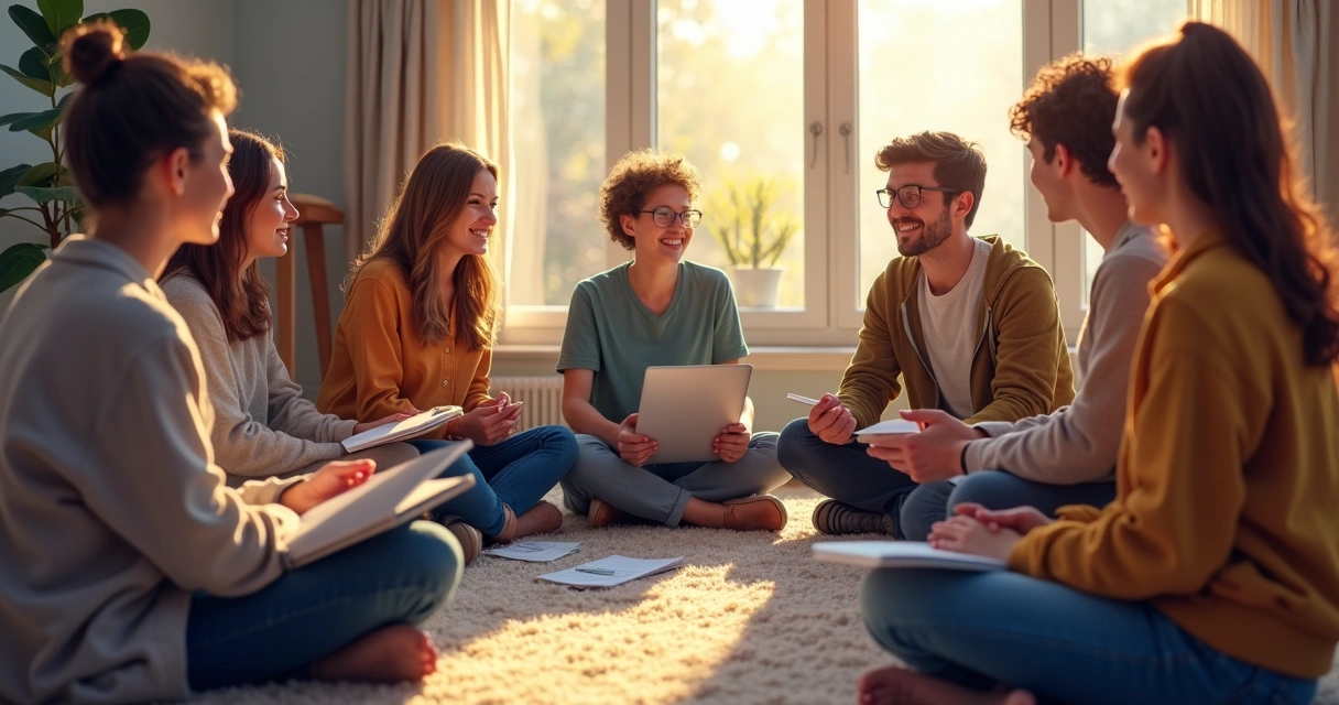 Grupo de pessoas sentadas em roda, conversando e aprendendo juntas de maneira acolhedora 