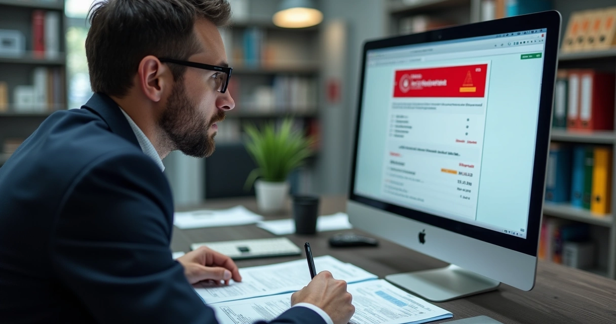 Profissional analisando alerta de erro fiscal no computador 