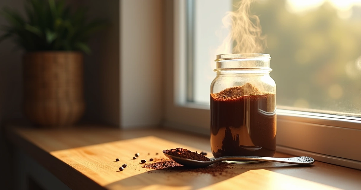 Café em pote aberto com colher molhada ao lado de janela 