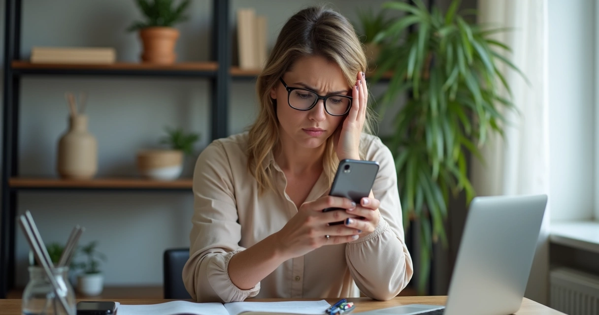 Mulher frustrada mexendo no celular com expressão de descontentamento 