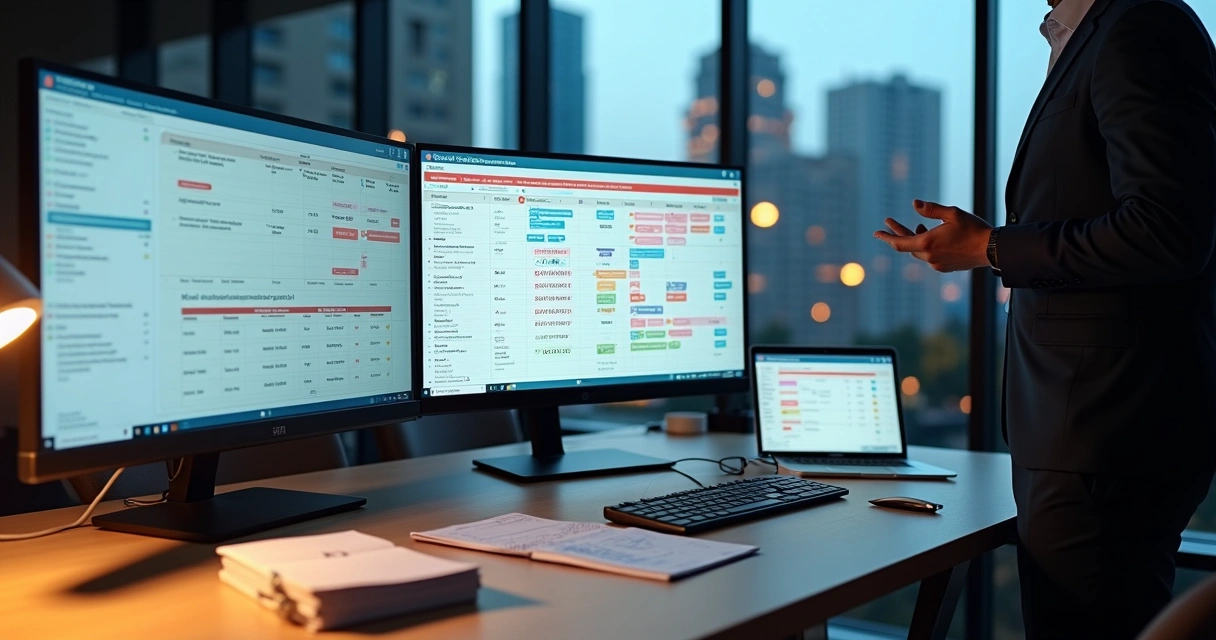 Sala de escritório moderna com destaca para erros na automação fiscal em tela digital 