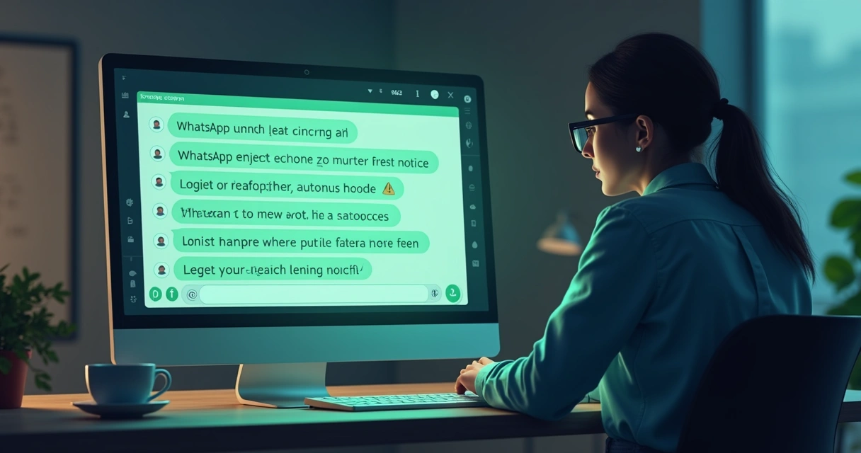 Conversa de WhatsApp mostrando mensagens automáticas genéricas atrás de um monitor 