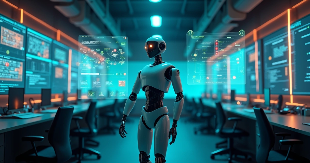 Robo de atendimento olhando confuso para sinais misturados em uma central de suporte 