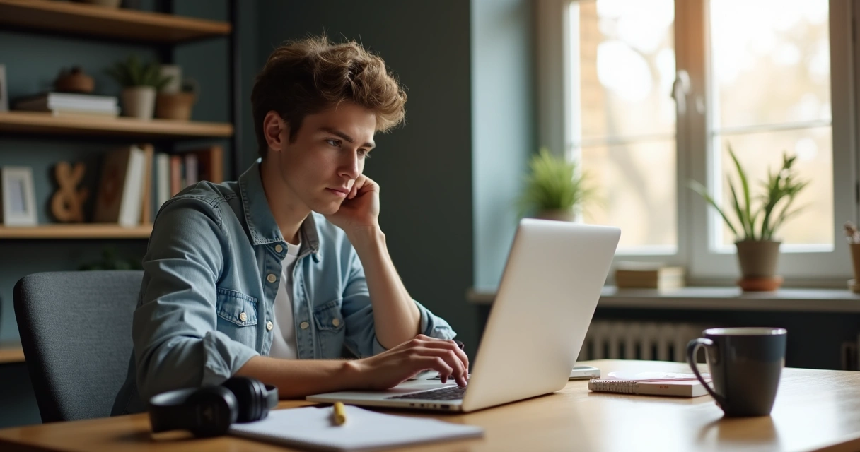 Pessoa preocupada analisando detalhes de uma vaga pelo notebook 