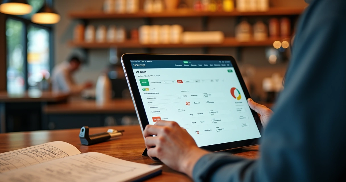 Gestor conferindo painel de cadastro de produtos em tablet com ícones de erro destacados 
