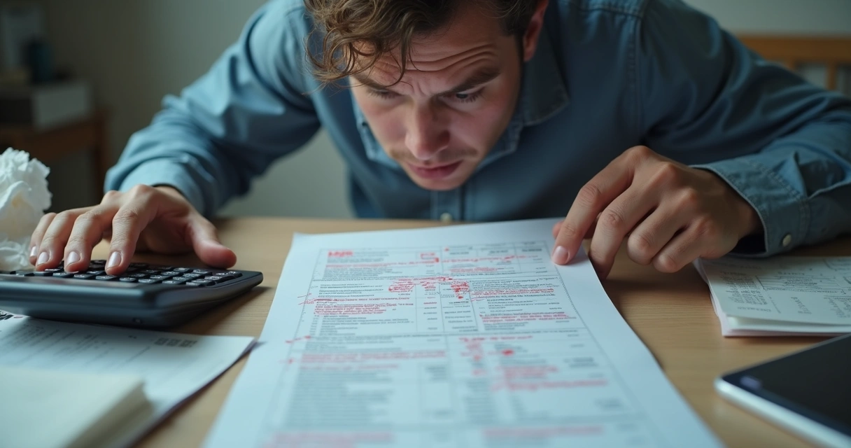 Gestor de pequena empresa analisando erros em papéis e despesas