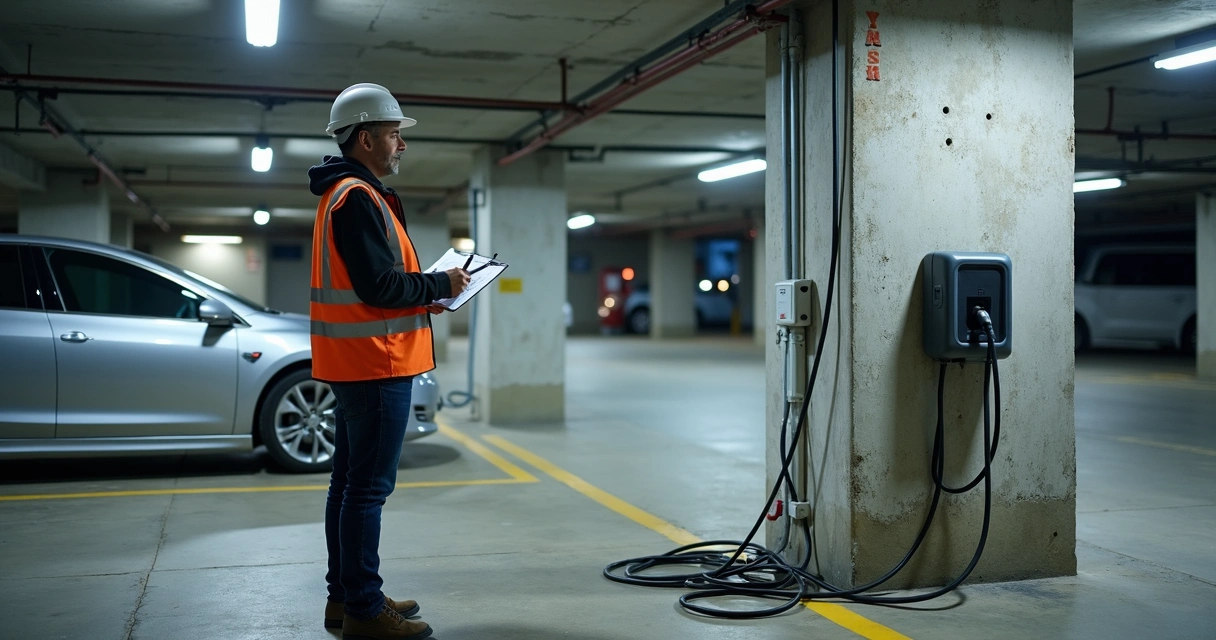 Engenheiro apontando instalação problemática de carregador em estacionamento coberto 