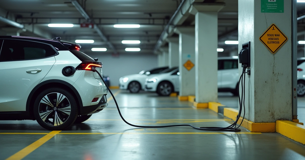 Carro elétrico mal estacionado durante recarga em vaga de estacionamento 