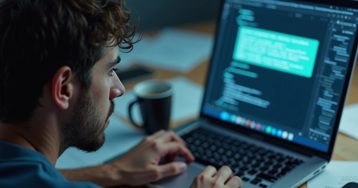 Pessoa olhando para tela de laptop com expressão de dúvida. 