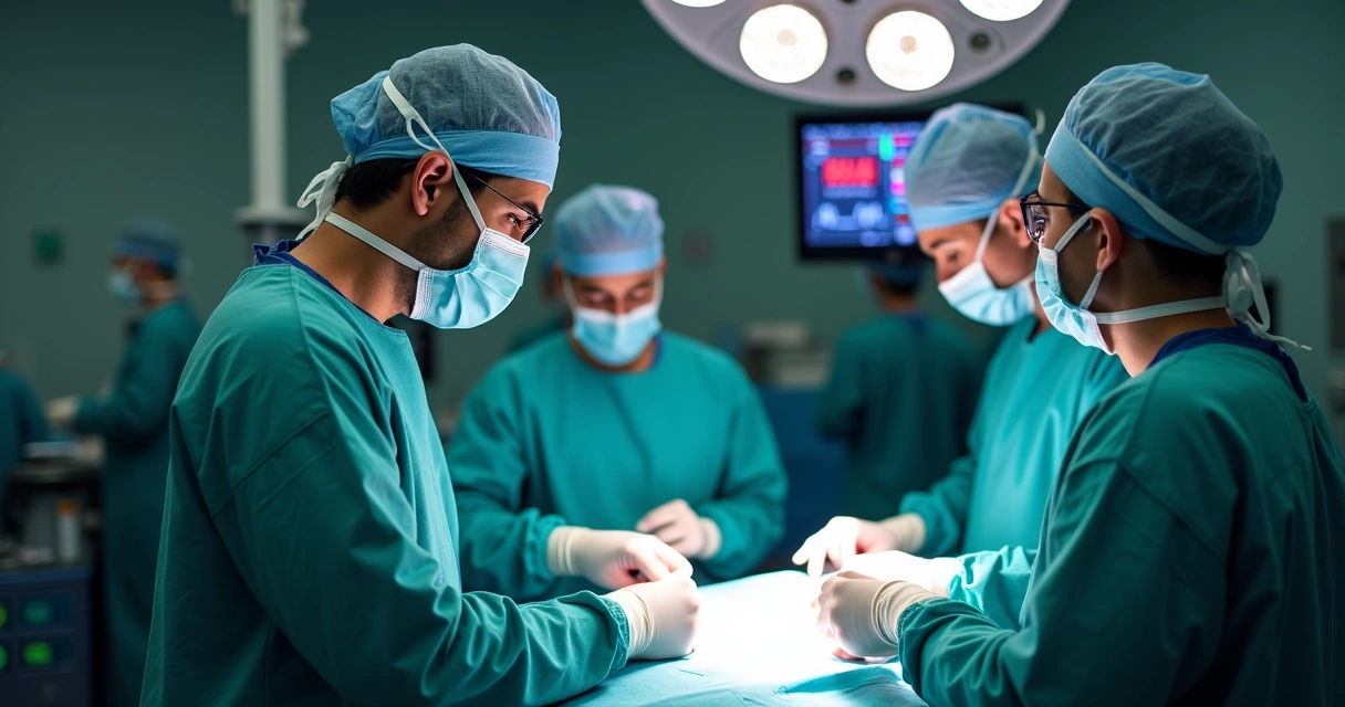 Equipe médica durante cirurgia com expressão preocupada 