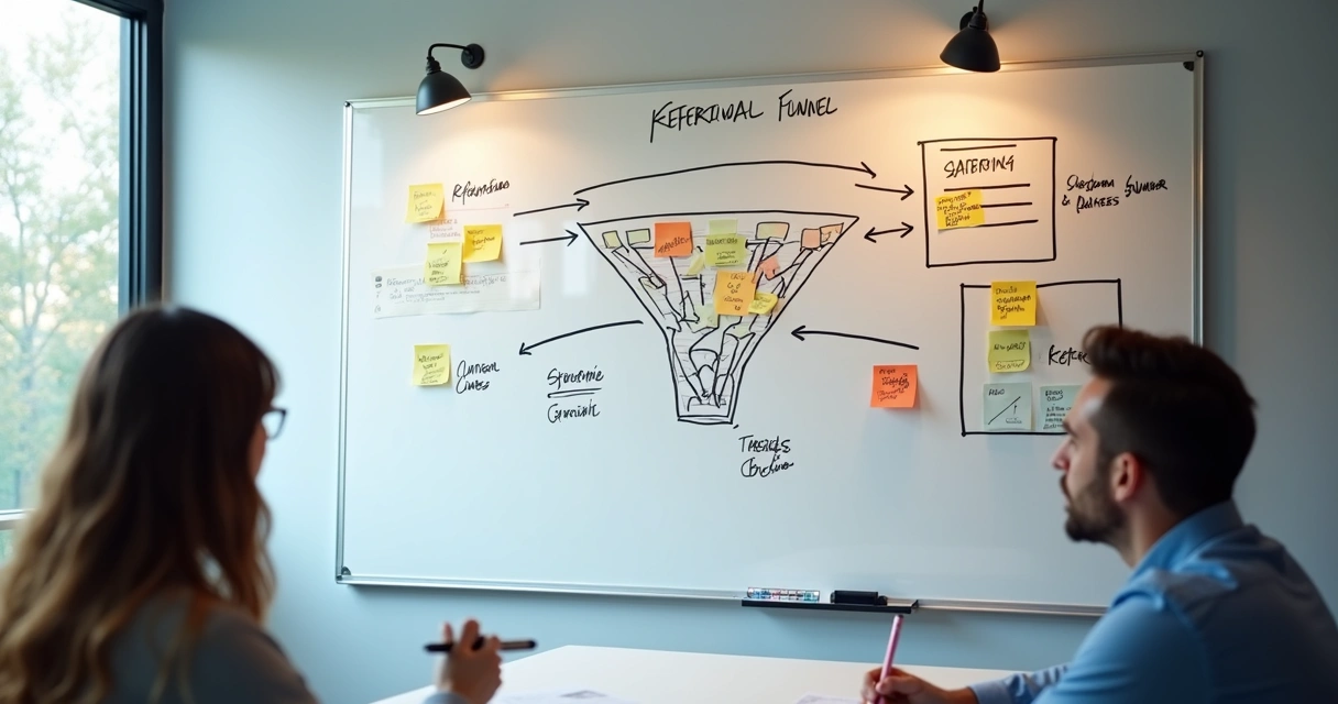 Quadro branco mostrando funil de vendas travado por erros de indicação 